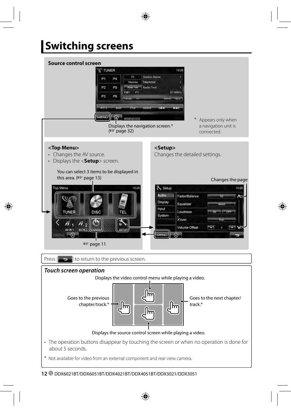 Switching screens | Kenwood DDX3021 User Manual | Page 12 / 80