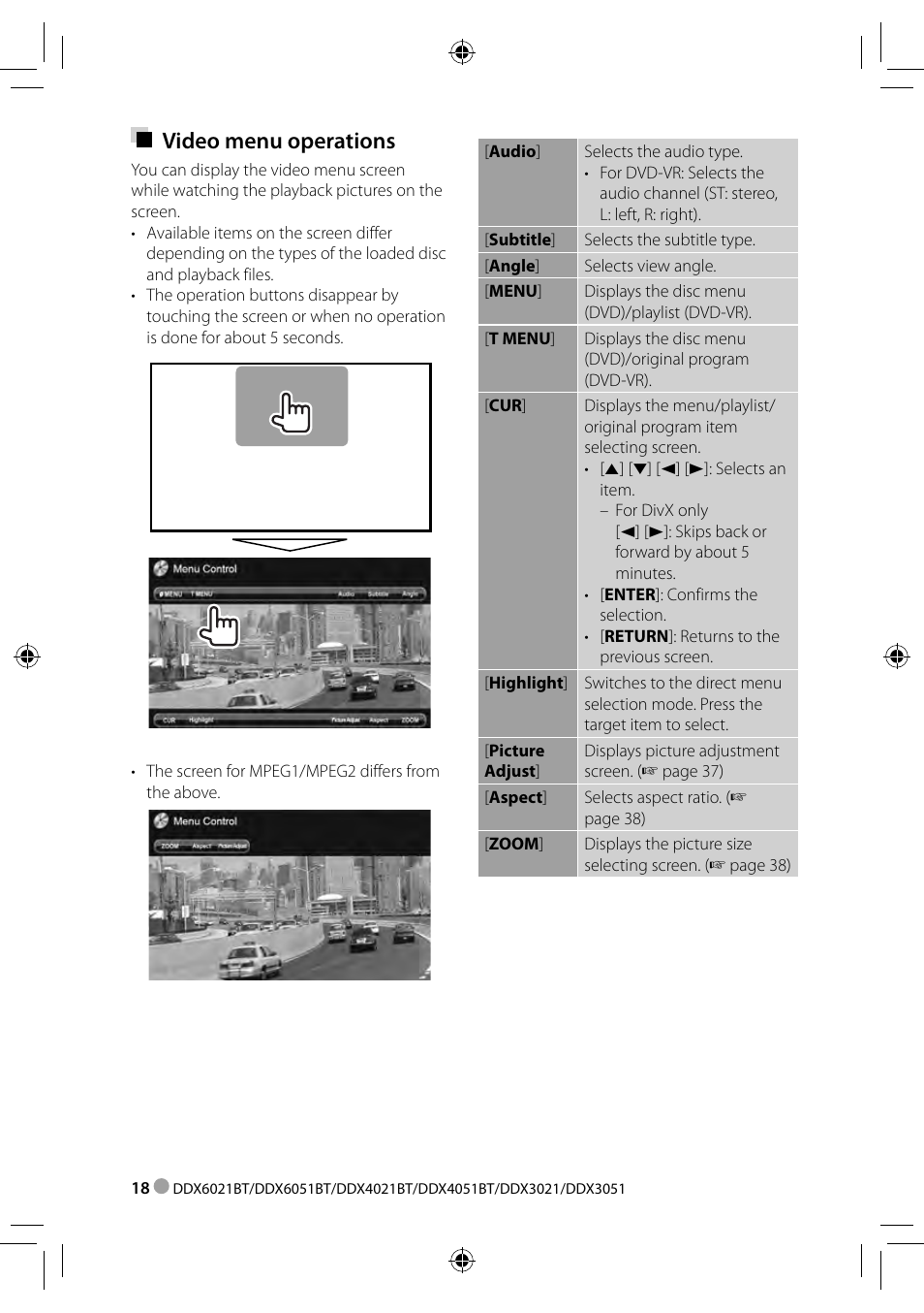 Video menu operations | Kenwood DDX3021 User Manual | Page 18 / 80