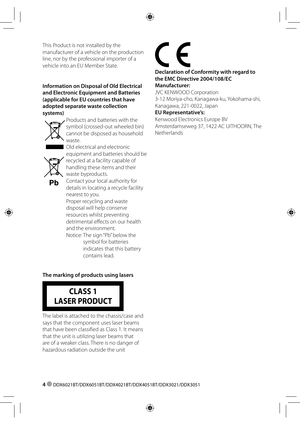 Class 1 laser product | Kenwood DDX3021 User Manual | Page 4 / 80