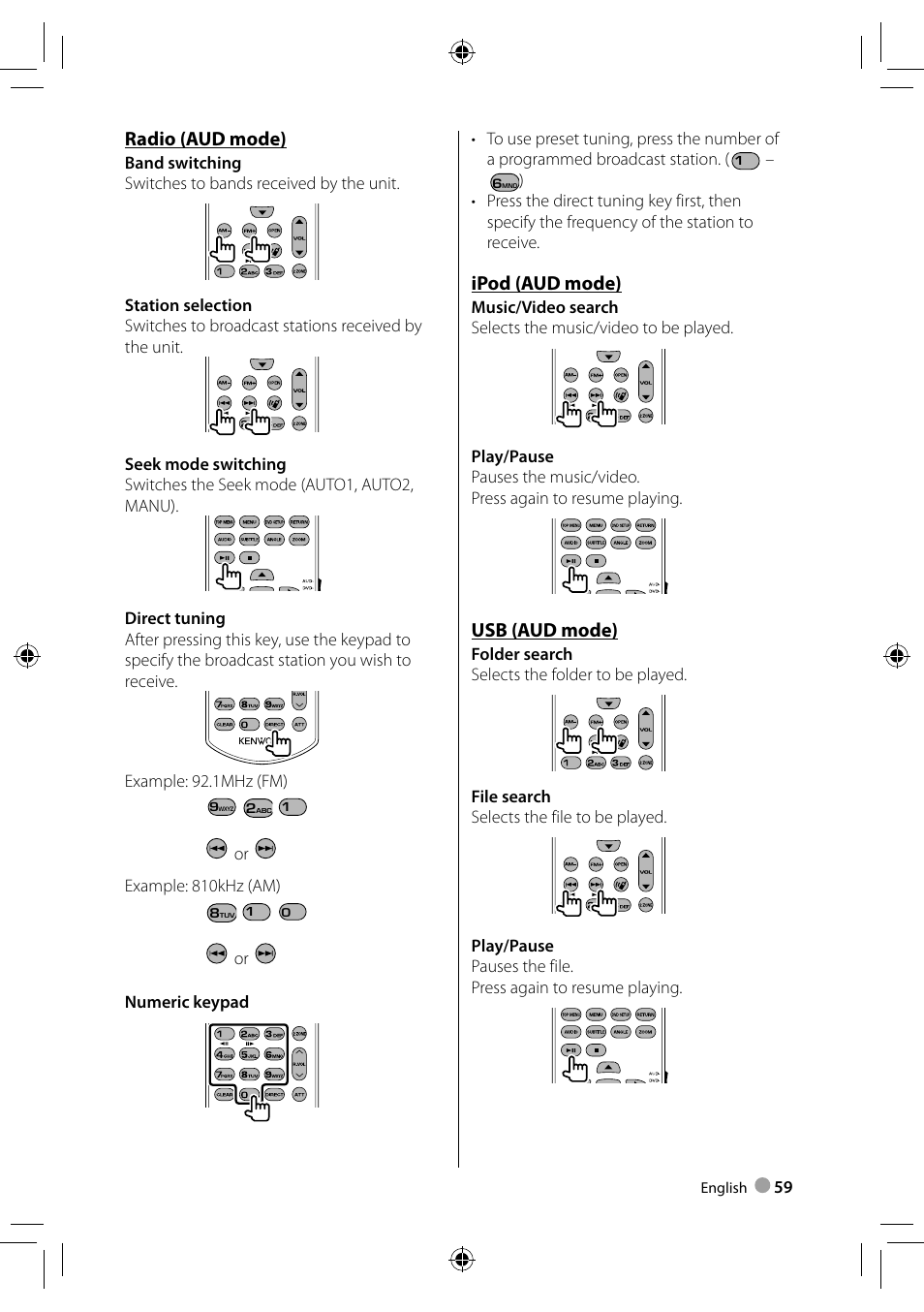 Radio (aud mode), Ipod (aud mode), Usb (aud mode) | Kenwood DDX3021 User Manual | Page 59 / 80