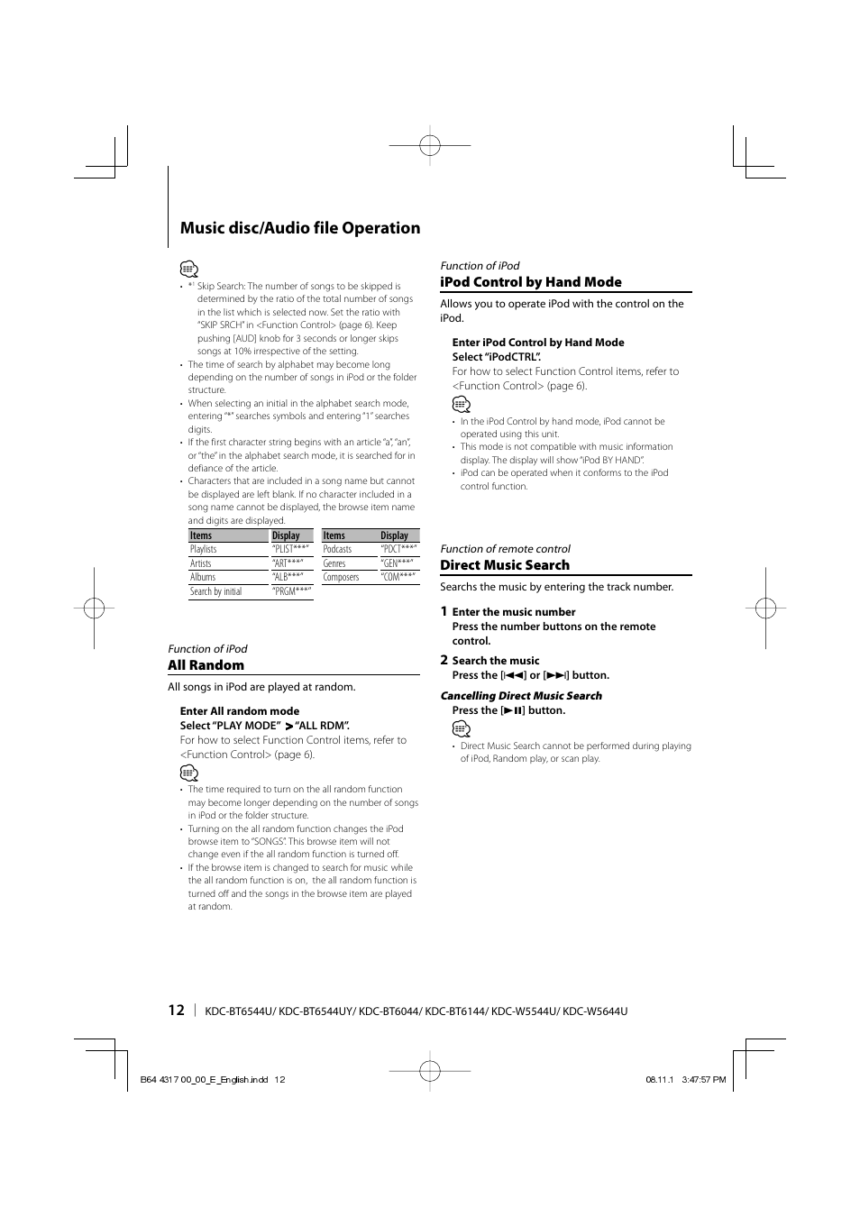 Music disc/audio file operation, All random, Ipod control by hand mode | Direct music search | Kenwood KDC-BT6544U User Manual | Page 12 / 48