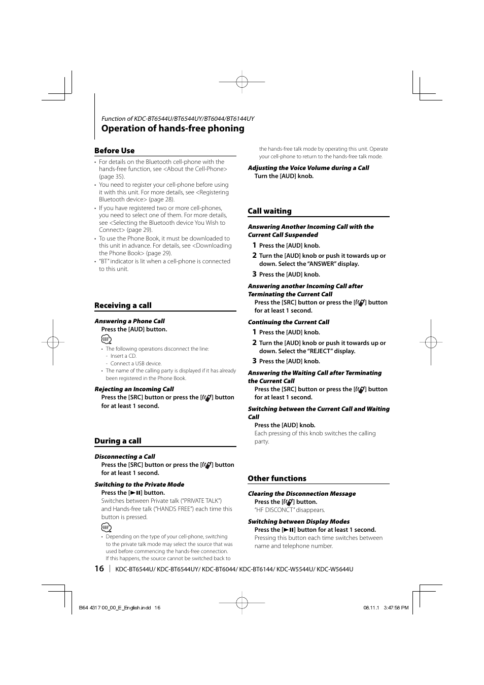 Operation of hands-free phoning | Kenwood KDC-BT6544U User Manual | Page 16 / 48