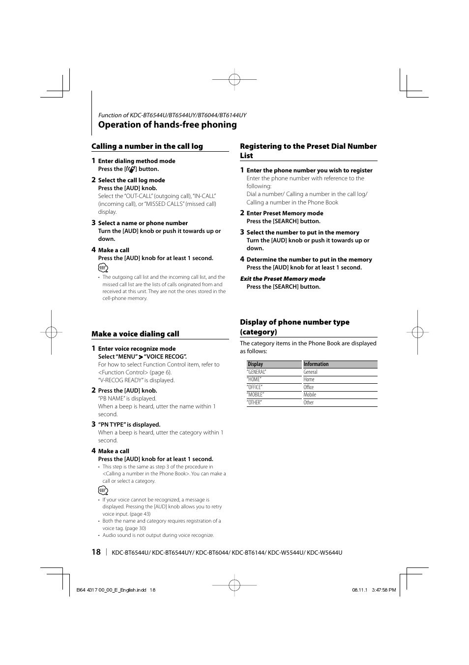 Operation of hands-free phoning | Kenwood KDC-BT6544U User Manual | Page 18 / 48