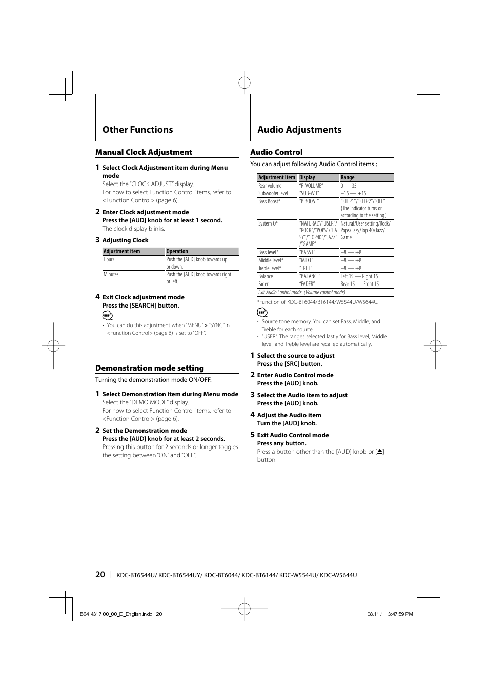 Other functions audio adjustments | Kenwood KDC-BT6544U User Manual | Page 20 / 48