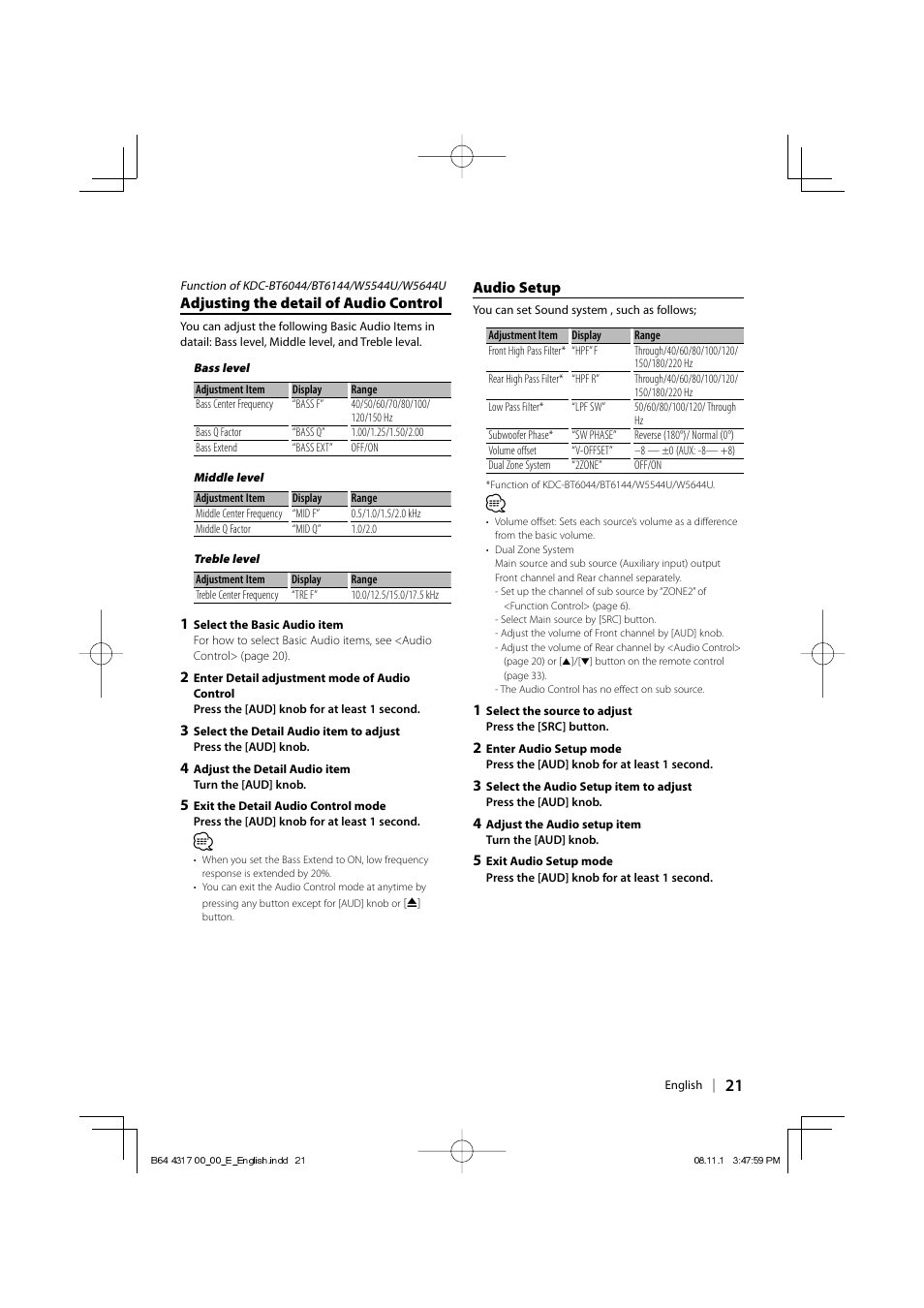 Adjusting the detail of audio control, Audio setup | Kenwood KDC-BT6544U User Manual | Page 21 / 48