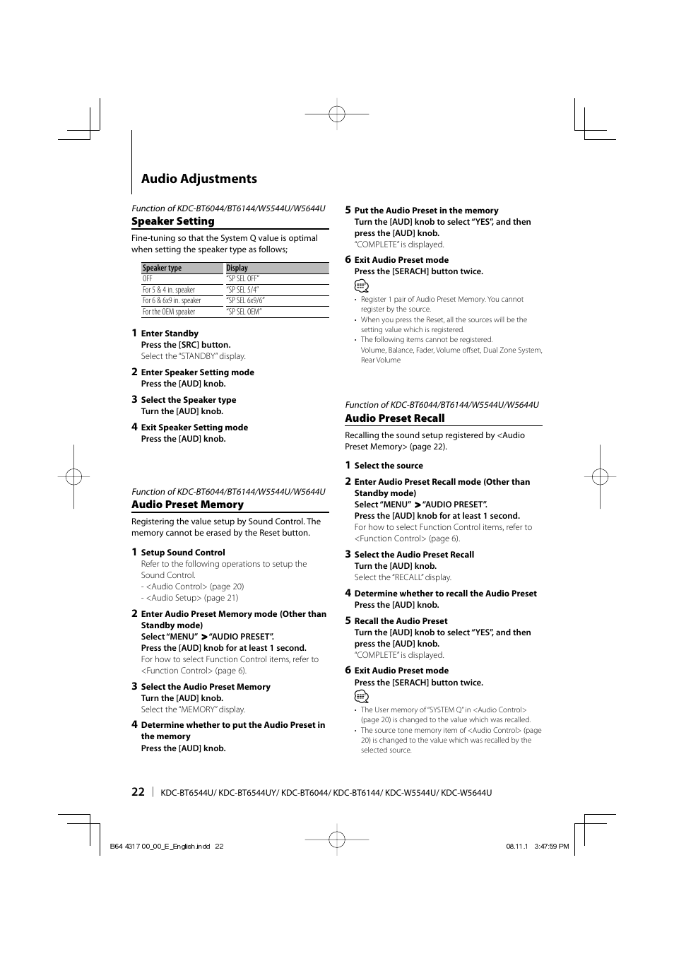 Audio adjustments | Kenwood KDC-BT6544U User Manual | Page 22 / 48