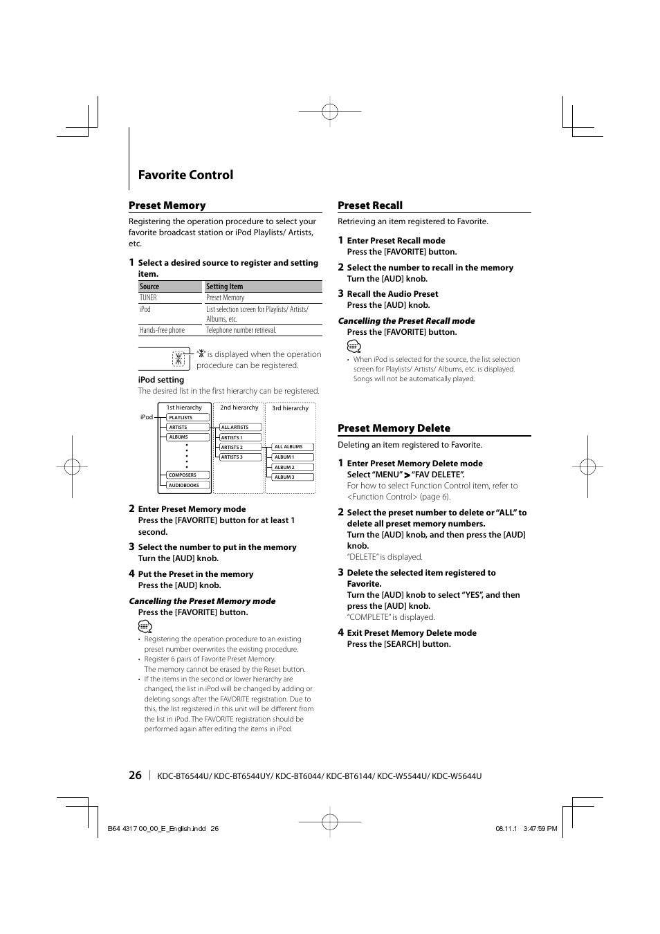 Favorite control, Preset recall | Kenwood KDC-BT6544U User Manual | Page 26 / 48