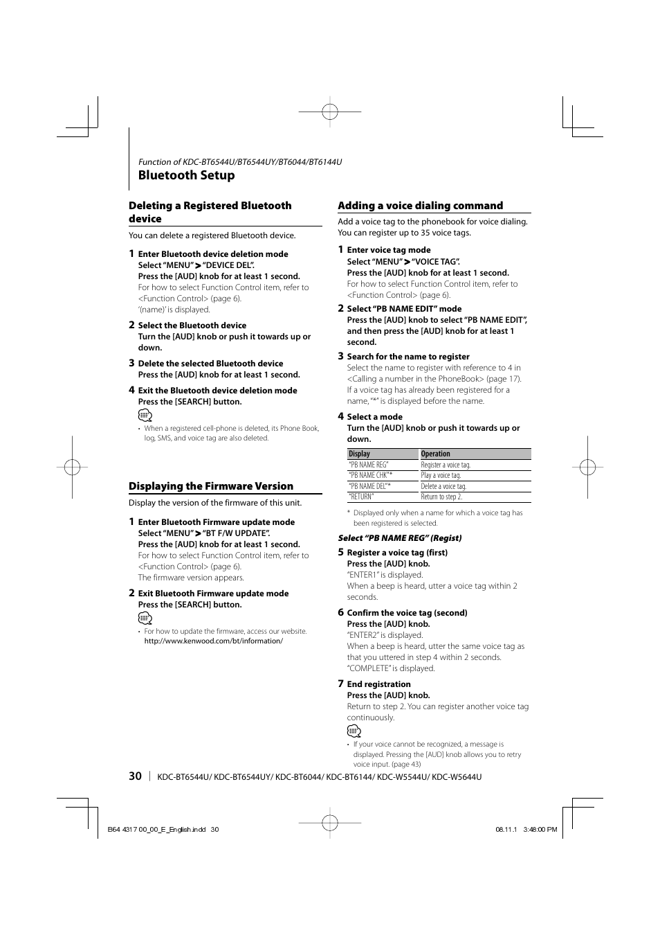 Bluetooth setup | Kenwood KDC-BT6544U User Manual | Page 30 / 48