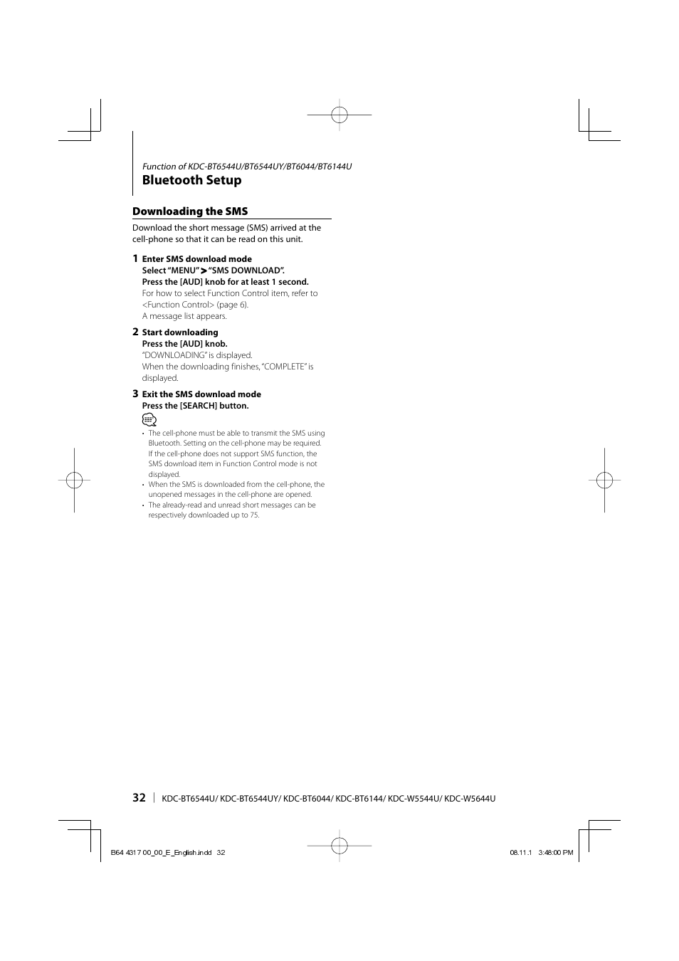 Bluetooth setup | Kenwood KDC-BT6544U User Manual | Page 32 / 48