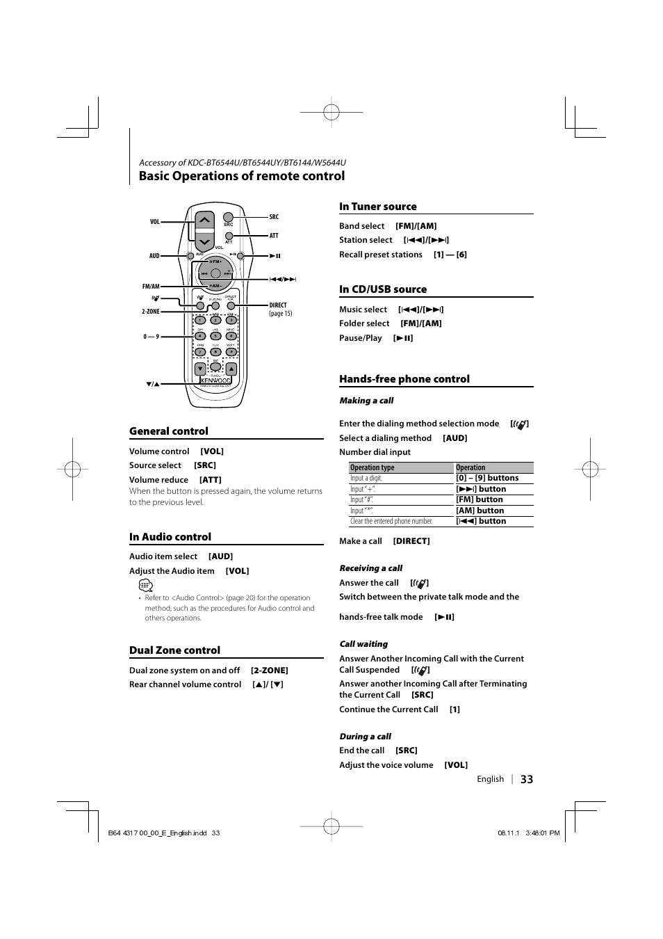 Basic operations of remote control, General control, Dual zone control | Hands-free phone control | Kenwood KDC-BT6544U User Manual | Page 33 / 48