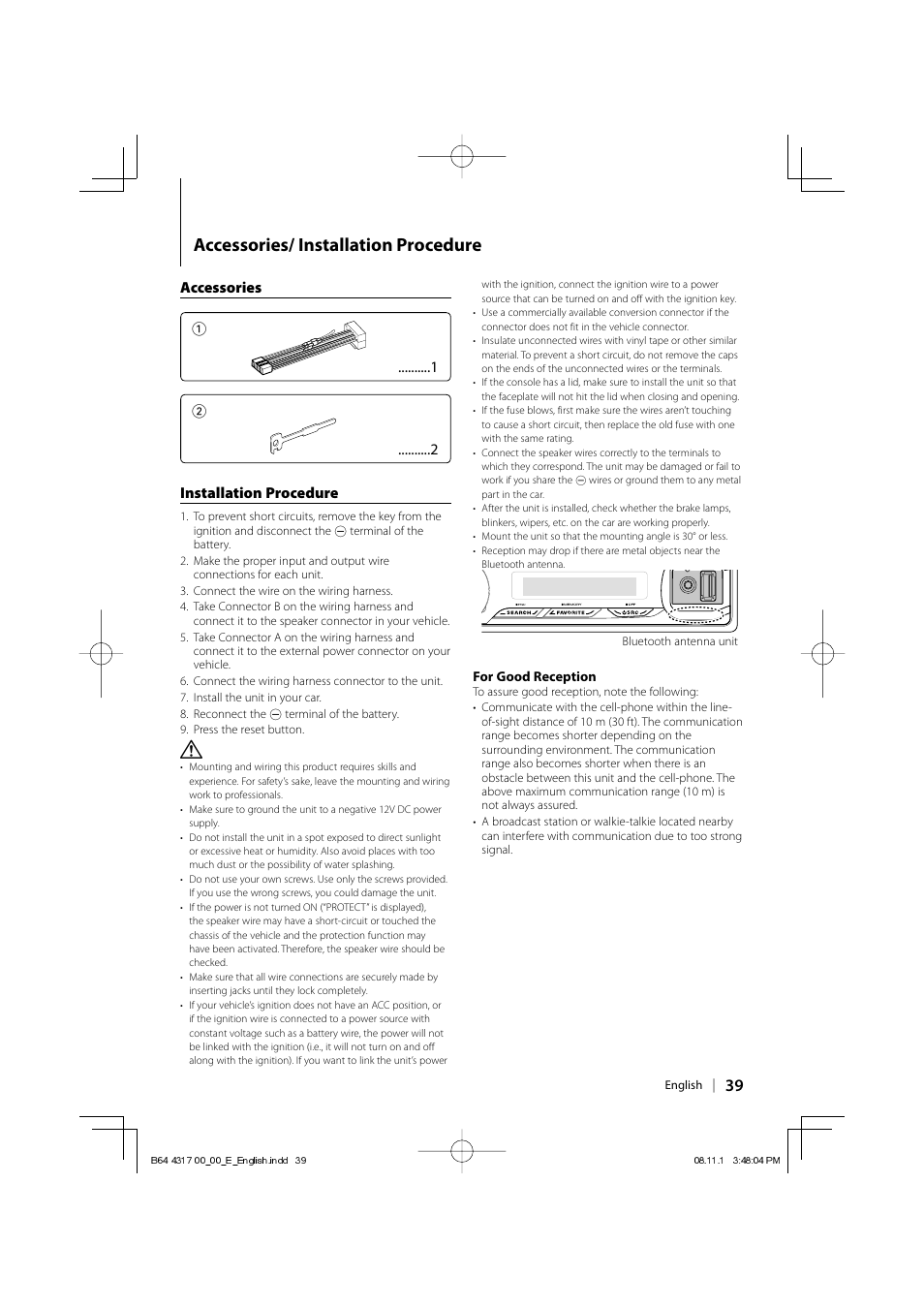 Accessories/ installation procedure, Accessories 1 2 installation procedure | Kenwood KDC-BT6544U User Manual | Page 39 / 48