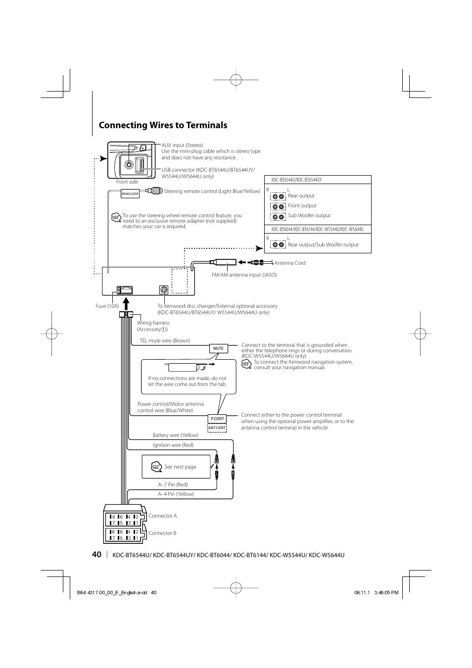 Connecting wires to terminals | Kenwood KDC-BT6544U User Manual | Page 40 / 48