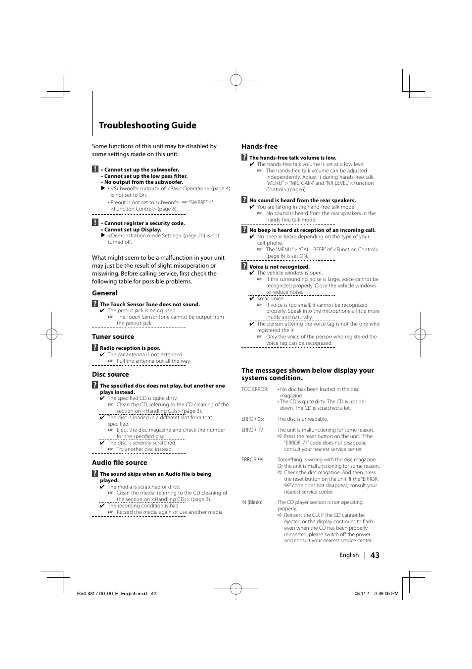 Troubleshooting guide | Kenwood KDC-BT6544U User Manual | Page 43 / 48