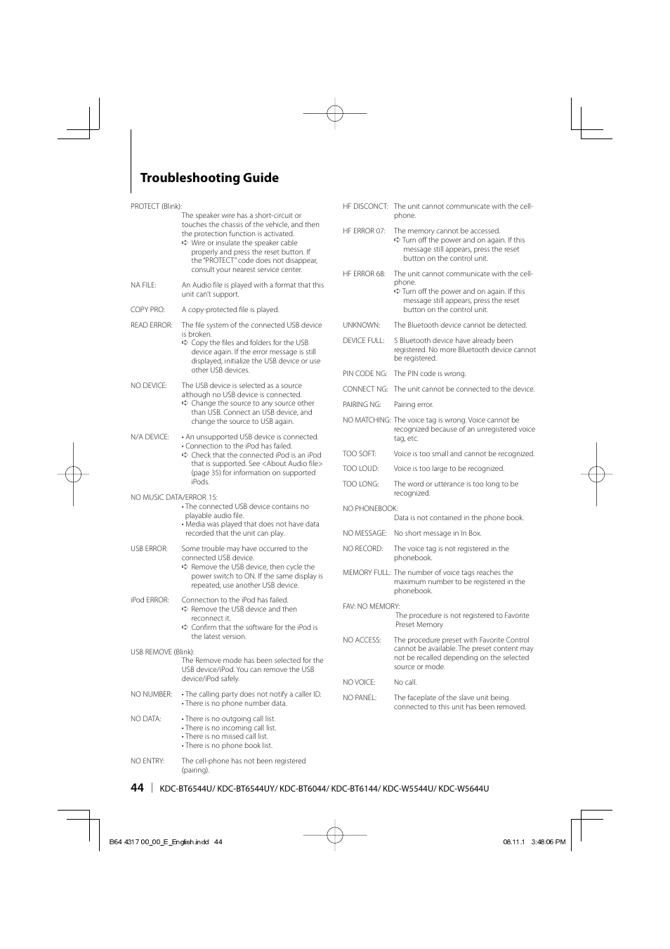 Troubleshooting guide | Kenwood KDC-BT6544U User Manual | Page 44 / 48