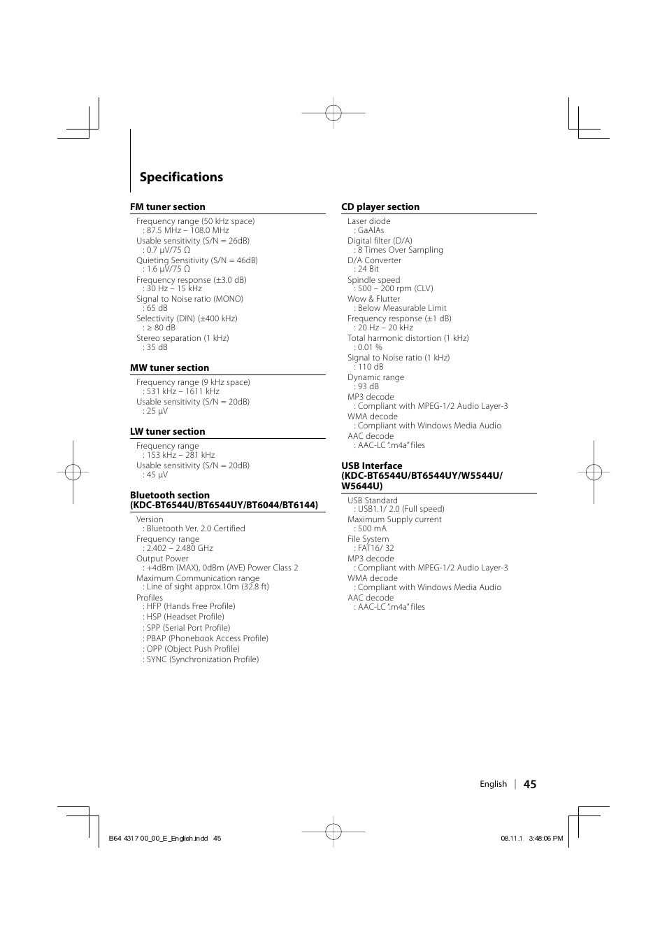 Specifications | Kenwood KDC-BT6544U User Manual | Page 45 / 48