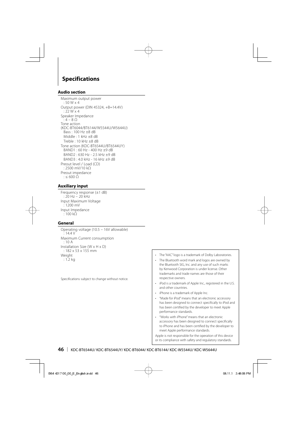 Specifications | Kenwood KDC-BT6544U User Manual | Page 46 / 48