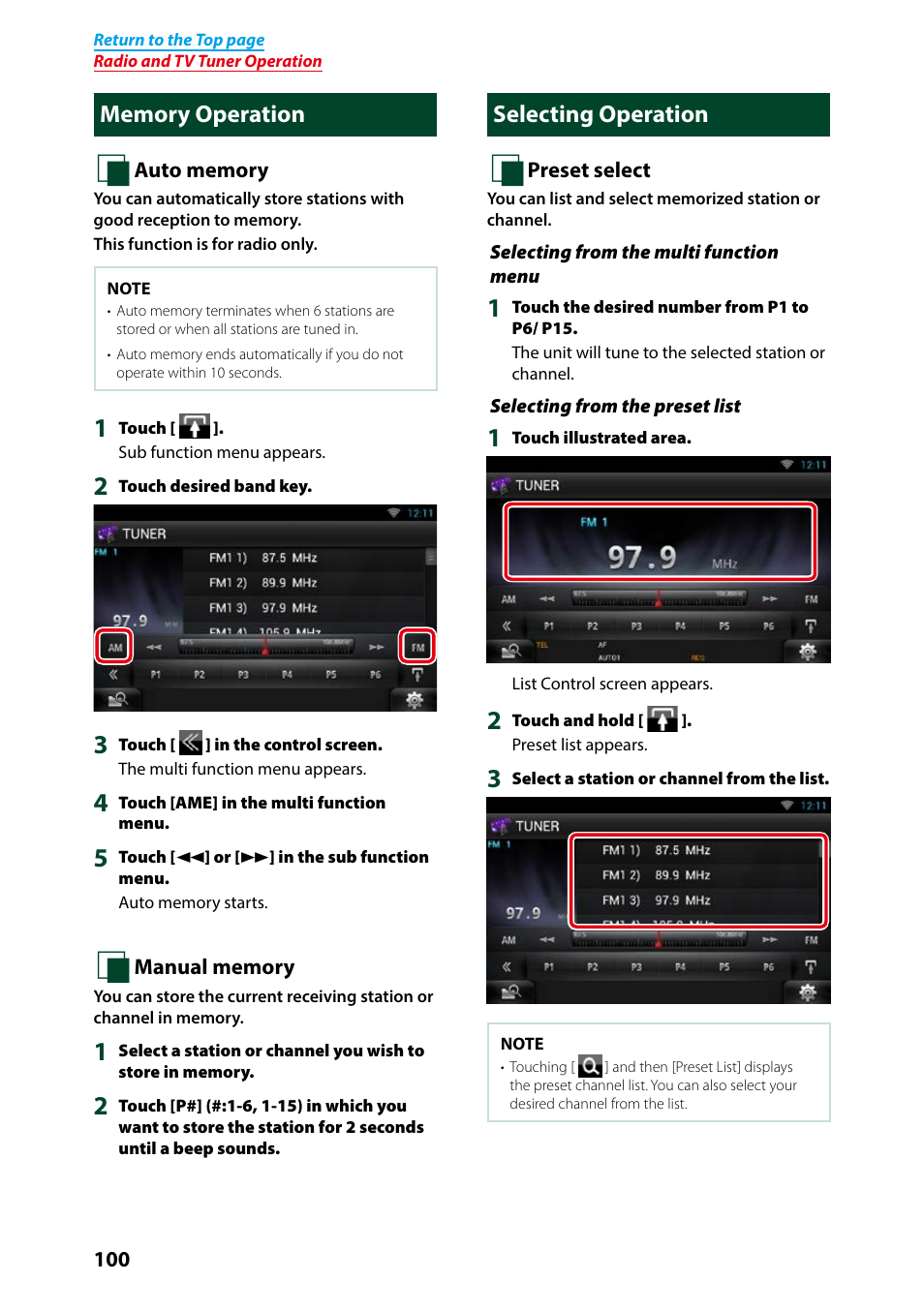 Memory operation, Selecting operation, Memory operation selecting operation | Selecting operation (p.100), Auto memory (p.100) | Kenwood DNN9250DAB User Manual | Page 101 / 172