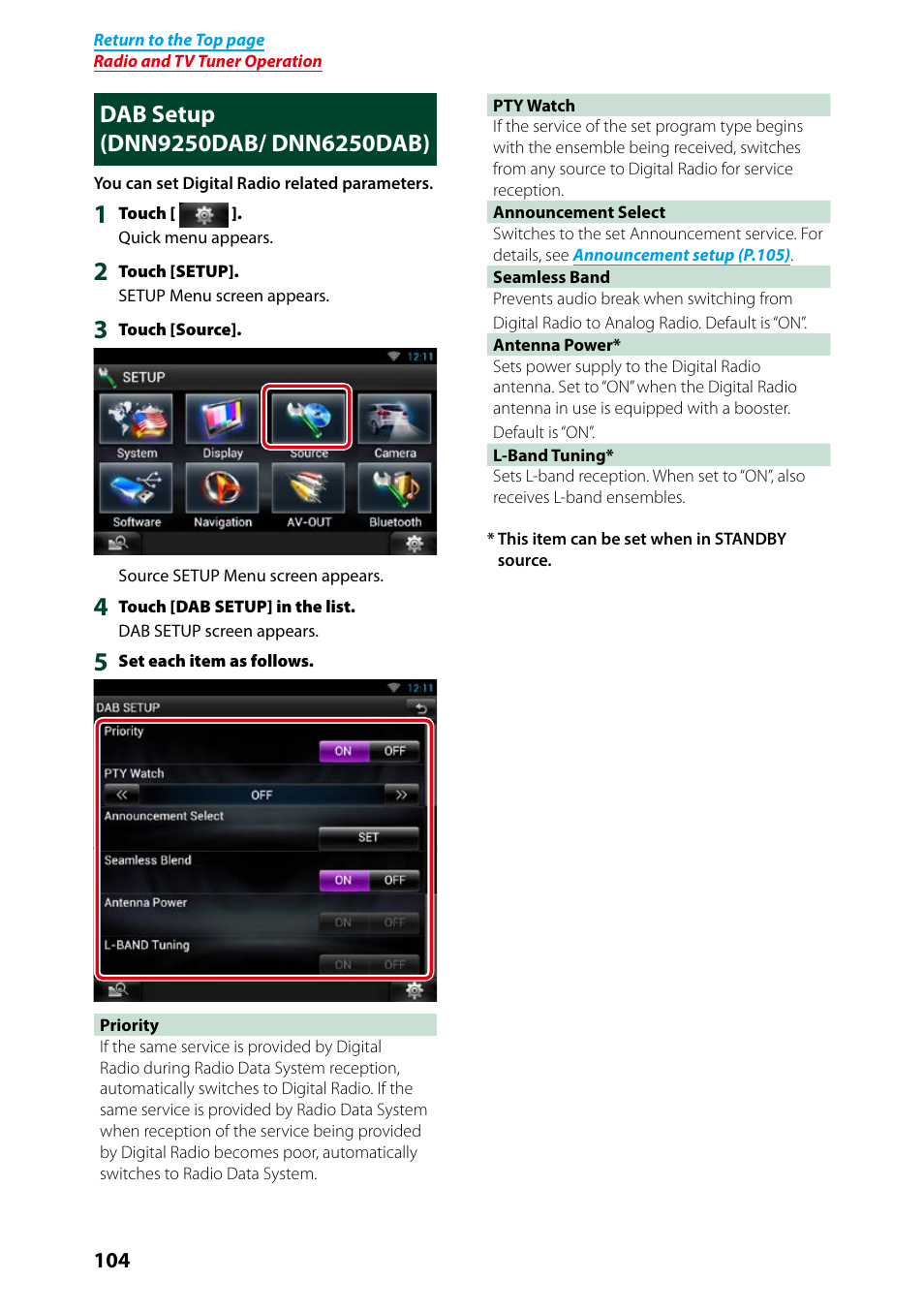 Dab setup (dnn9250dab/ dnn6250dab), Dab setup, Dnn9250dab/ dnn6250dab) | Kenwood DNN9250DAB User Manual | Page 105 / 172