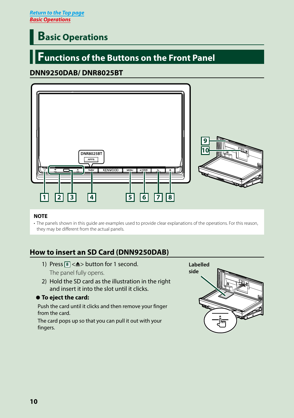 Basic operations, Functions of the buttons on the front panel, Functions of the buttons | On the front panel, Unctions of the buttons on the front panel, Asic operations | Kenwood DNN9250DAB User Manual | Page 11 / 172