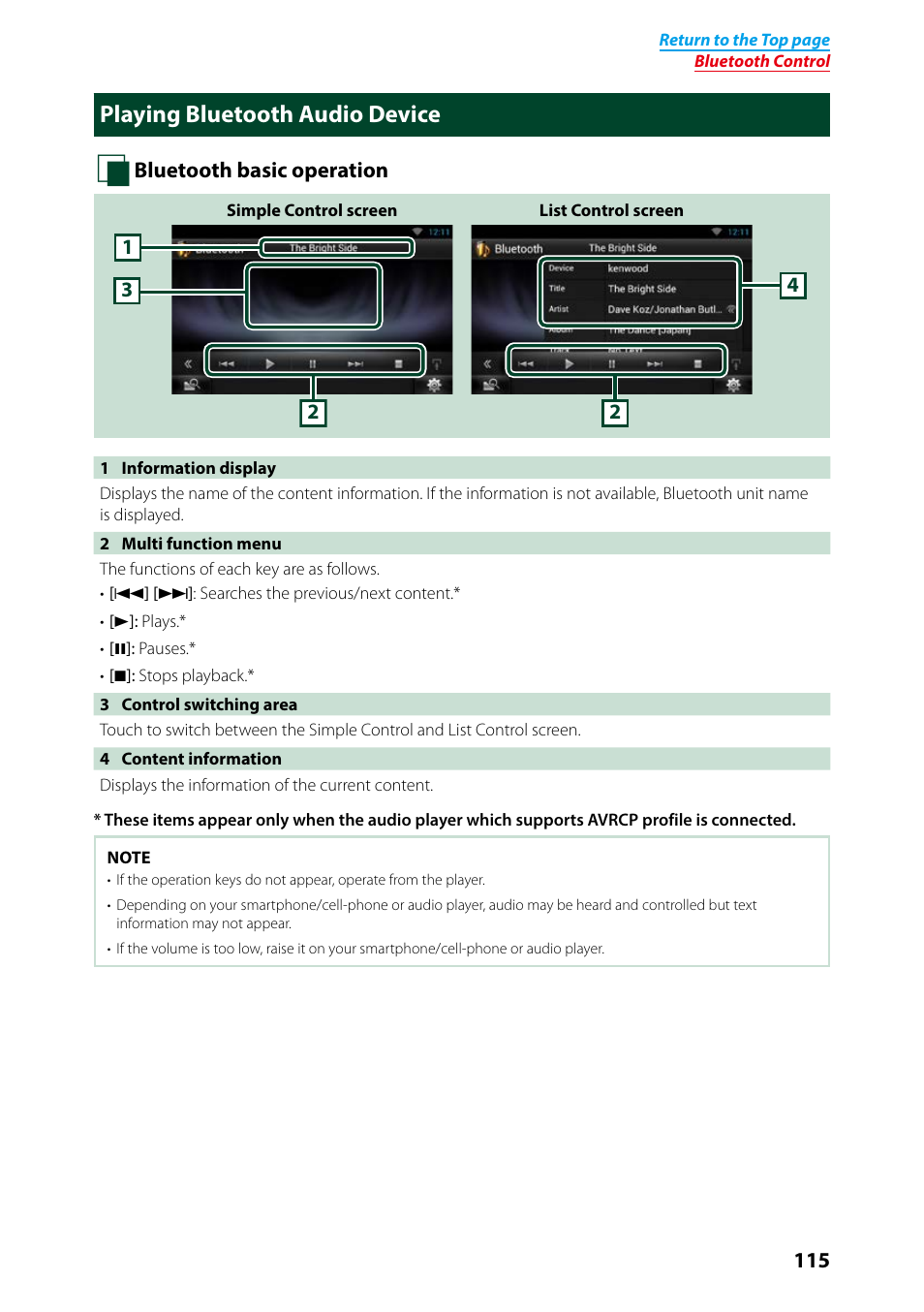 Playing bluetooth audio device, P.115) | Kenwood DNN9250DAB User Manual | Page 116 / 172