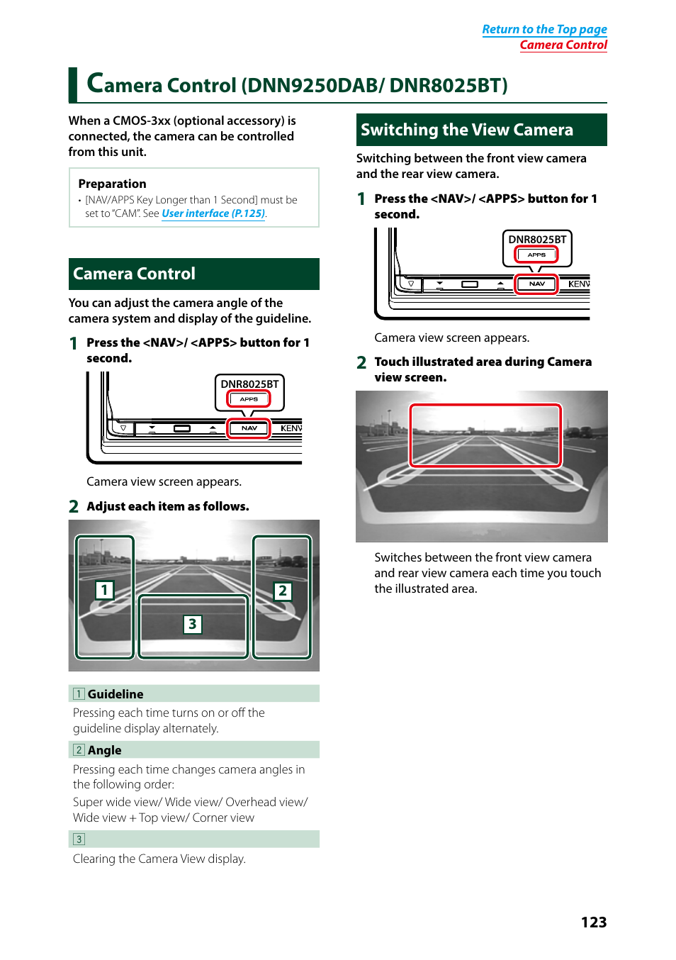 Camera control (dnn9250dab/ dnr8025bt), Camera control, Switching the view camera | Dnn9250dab/ dnr8025bt) 123, Camera control switching the view camera | Kenwood DNN9250DAB User Manual | Page 124 / 172