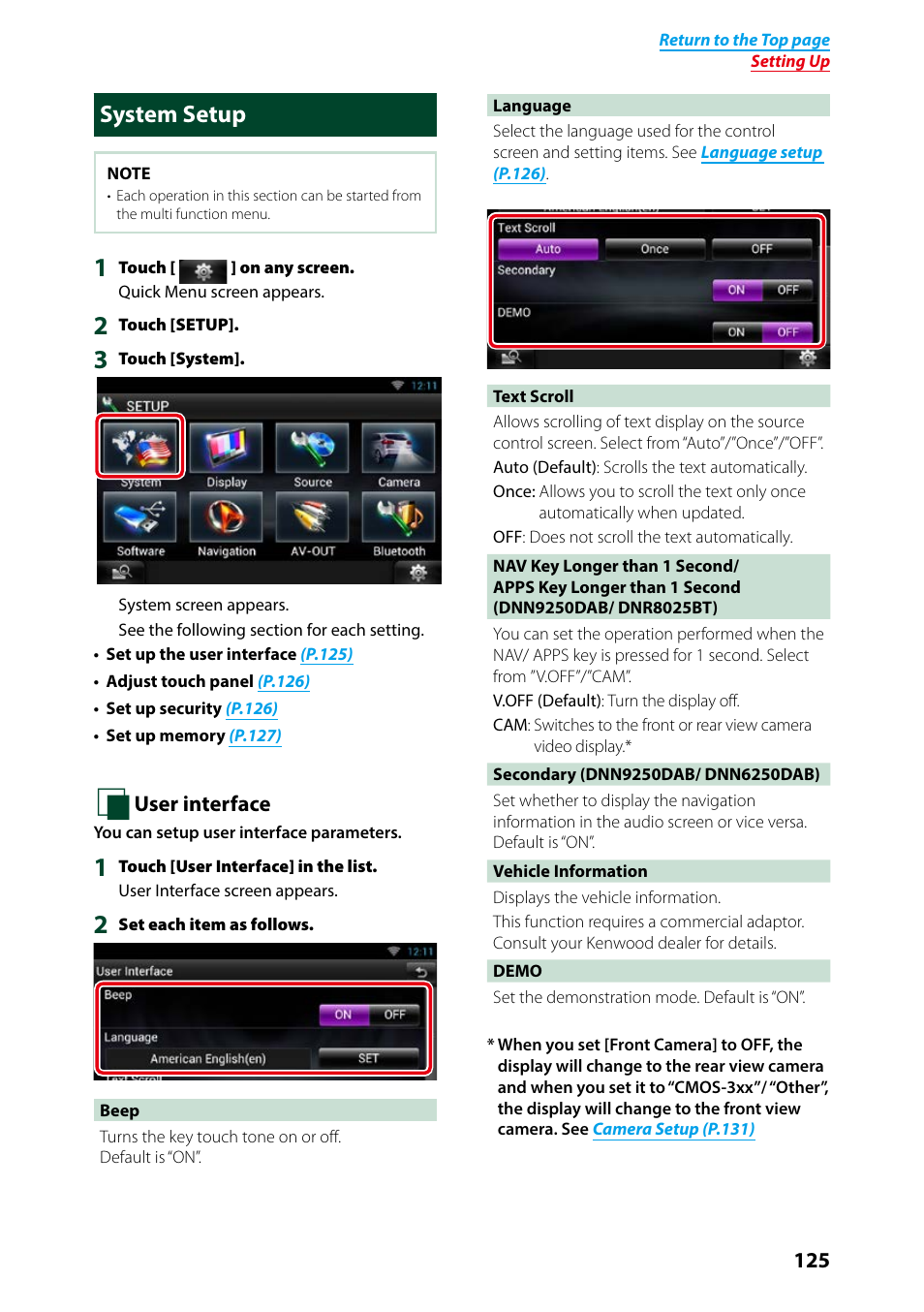 System setup, User, Interface (p.125) | User interface (p.125) | Kenwood DNN9250DAB User Manual | Page 126 / 172