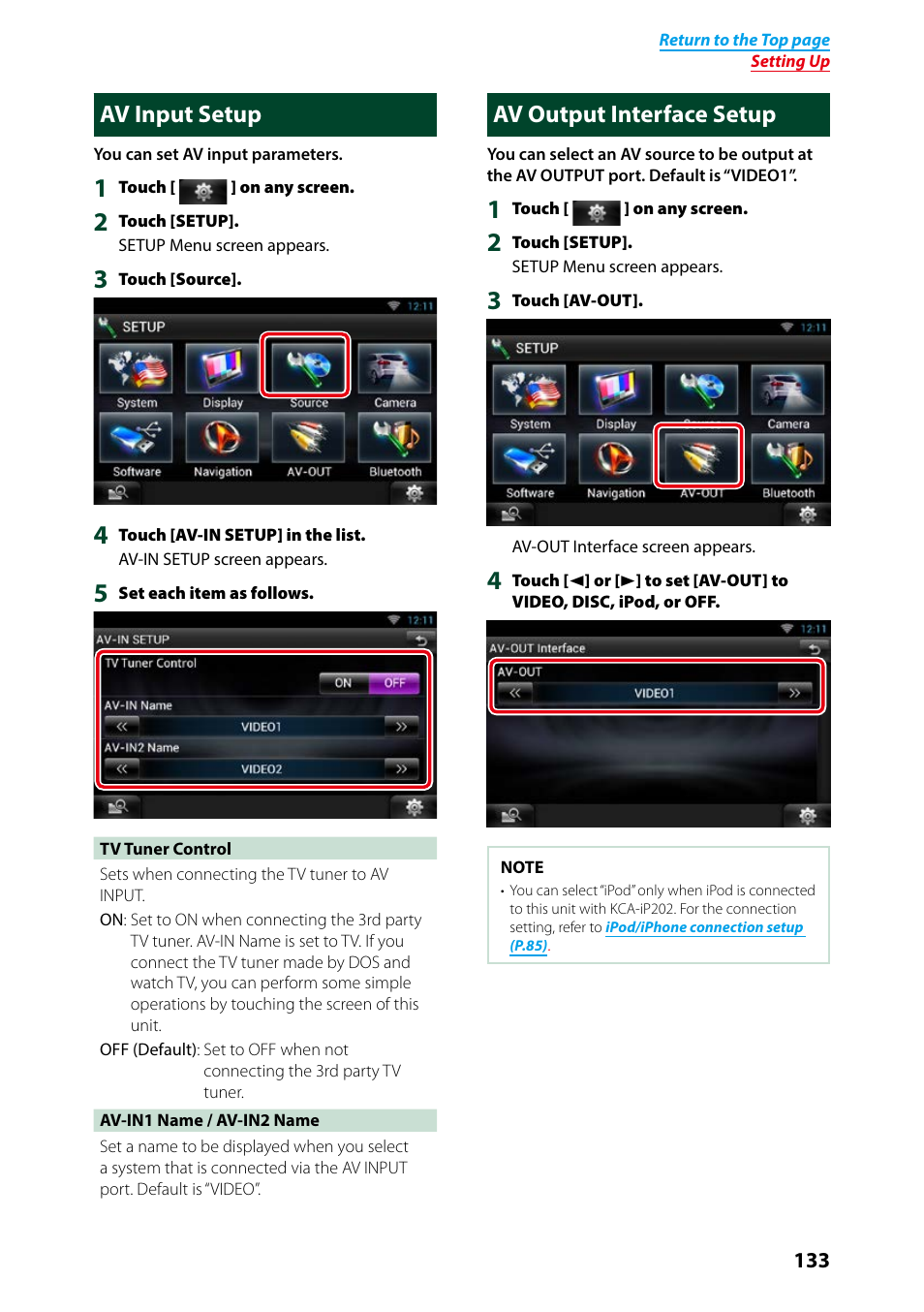 Av input setup, Av output interface setup, Av input setup av output interface setup | Ol in, P.133) | Kenwood DNN9250DAB User Manual | Page 134 / 172