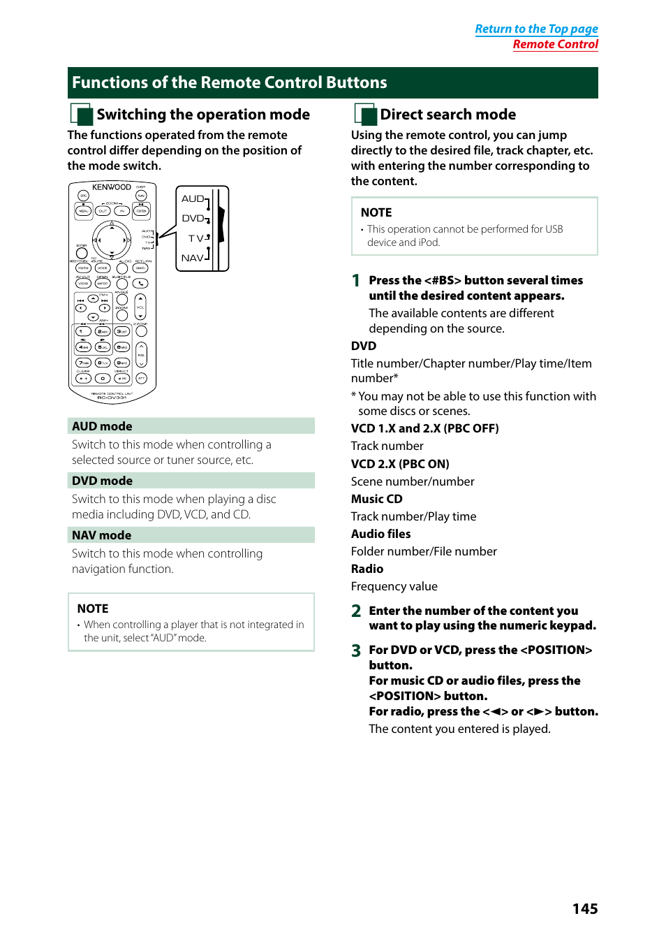 Functions of the remote control buttons, Functions of the remote control buttons _ 145, Switching the operation | Mode (p.145), Direct search mode (p.145), Ting operation, see | Kenwood DNN9250DAB User Manual | Page 146 / 172