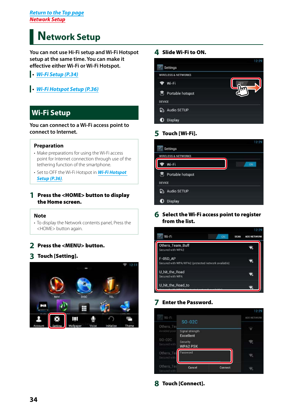 Network setup, Wi-fi setup, P.34) | Or details on operation, see, Wi-fi setup (p.34), Etwork setup | Kenwood DNN9250DAB User Manual | Page 35 / 172