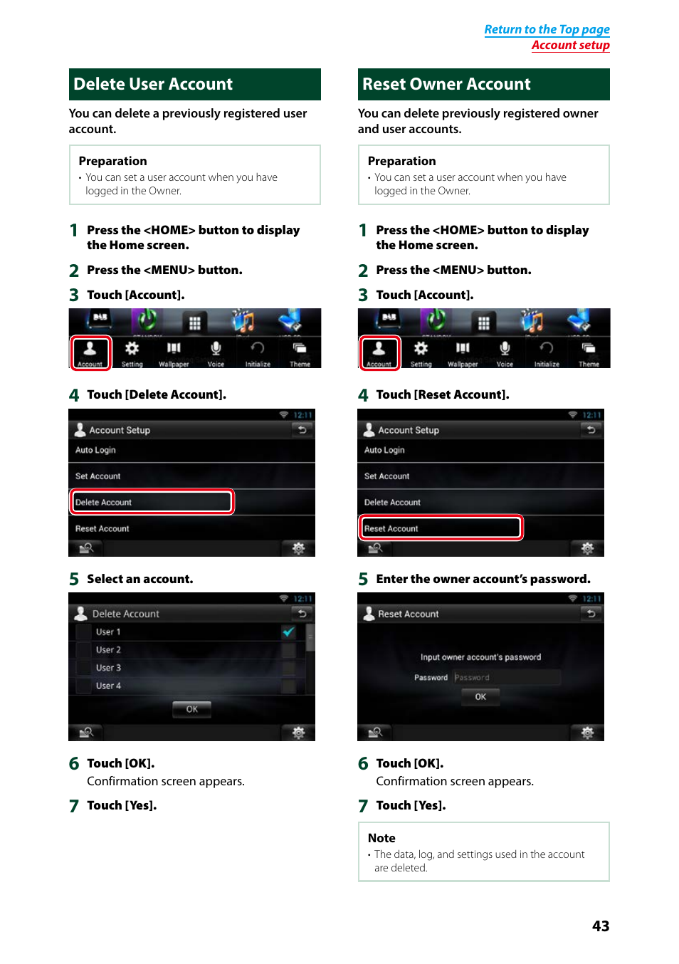 Delete user account, Reset owner account, Delete user account reset owner account | Kenwood DNN9250DAB User Manual | Page 44 / 172