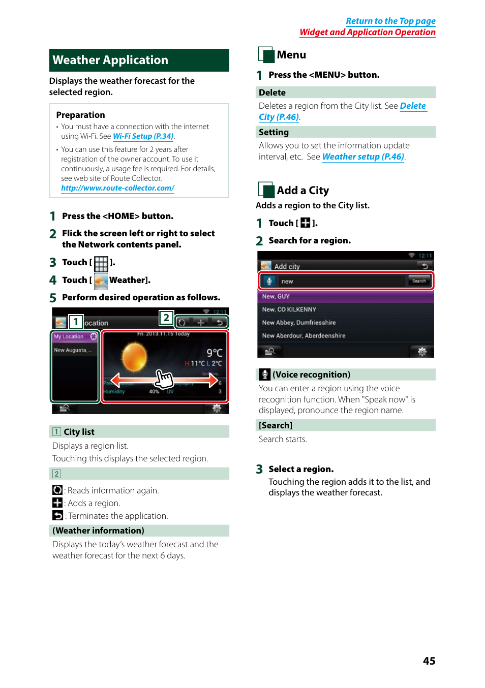 Weather application, Add a city (p.45) | Kenwood DNN9250DAB User Manual | Page 46 / 172