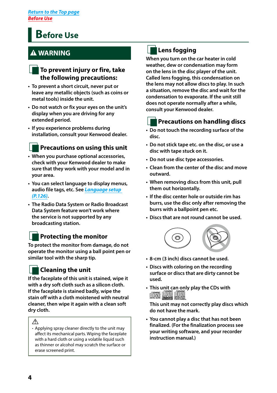 Before use, Warning, Efore use | Kenwood DNN9250DAB User Manual | Page 5 / 172