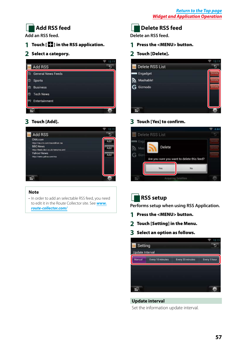 Add rss feed, P.57), Delete rss feed | Rss setup | Kenwood DNN9250DAB User Manual | Page 58 / 172