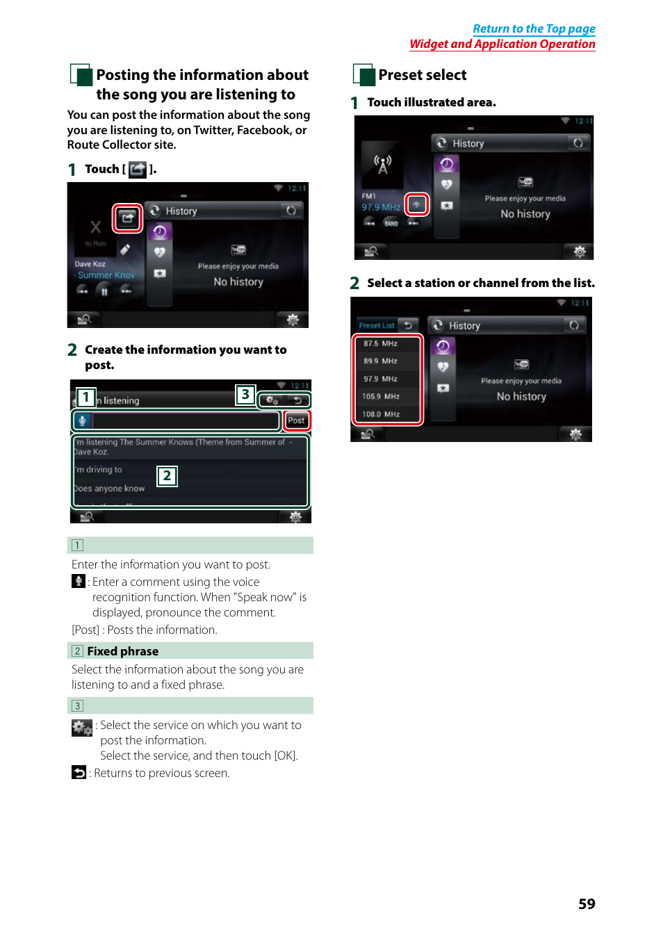 Posting the information about the song you, Are listening to (p.59), Preset select (p.59) | Kenwood DNN9250DAB User Manual | Page 60 / 172