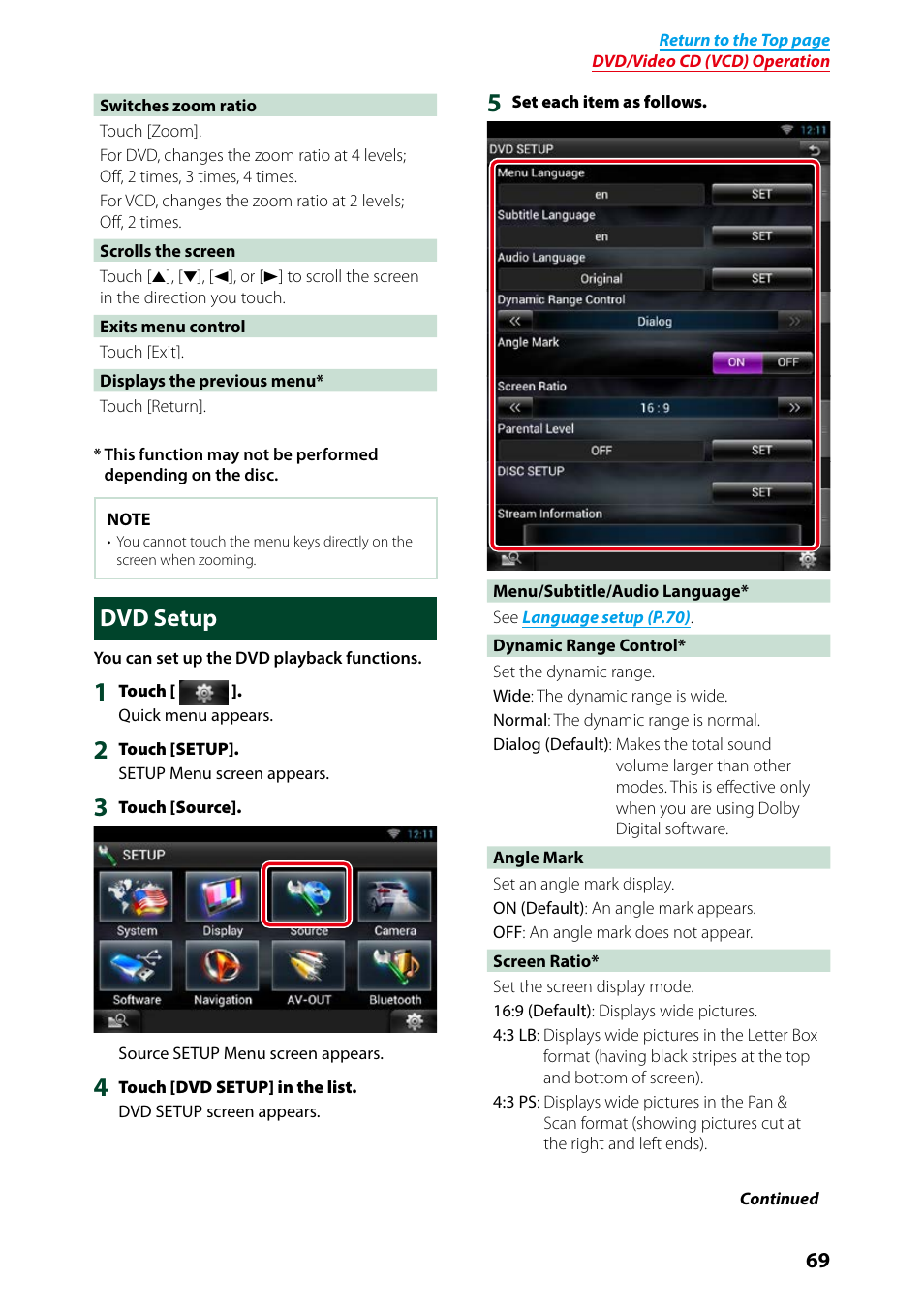 Dvd setup | Kenwood DNN9250DAB User Manual | Page 70 / 172