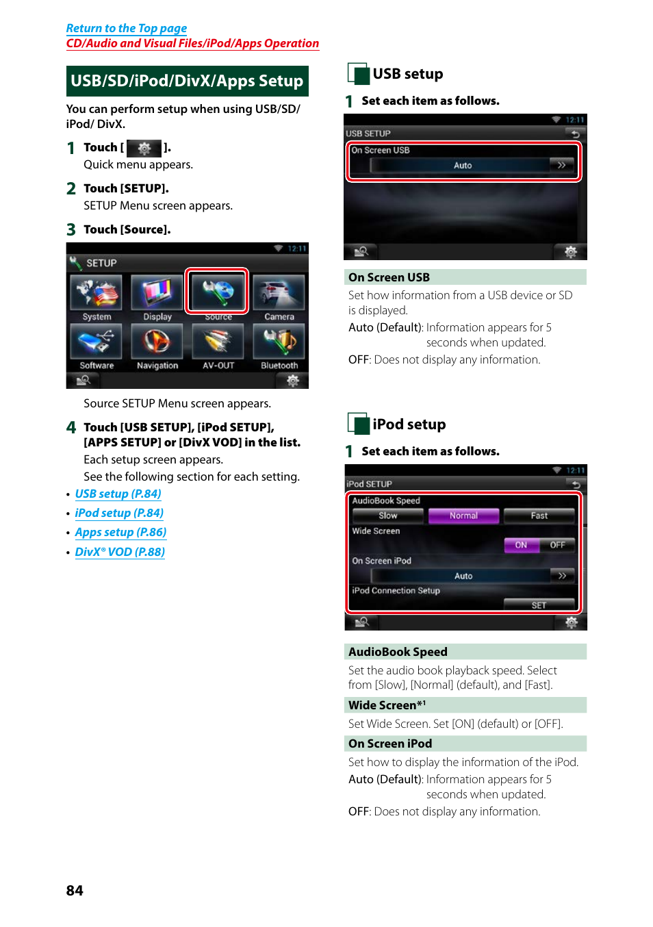 Usb/sd/ipod/divx/apps setup | Kenwood DNN9250DAB User Manual | Page 85 / 172