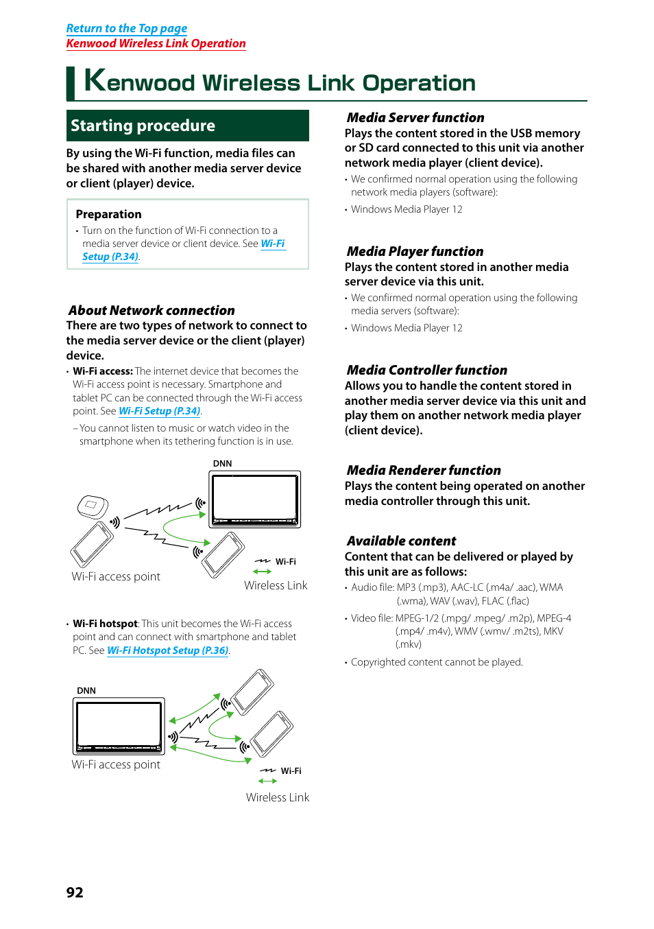 Kenwood wireless link operation, Starting procedure, Kenwood wireless link | Operation 92, Tion, P.92), Enwoodñwirelessñlinkñoperation | Kenwood DNN9250DAB User Manual | Page 93 / 172