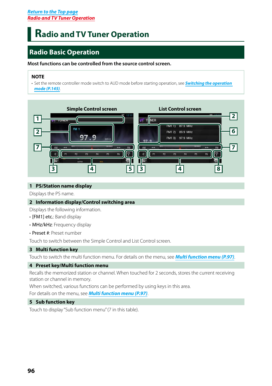 Radio and tv tuner operation, Radio basic operation, Radio and tv tuner operation 96 | Adio and tv tuner operation | Kenwood DNN9250DAB User Manual | Page 97 / 172