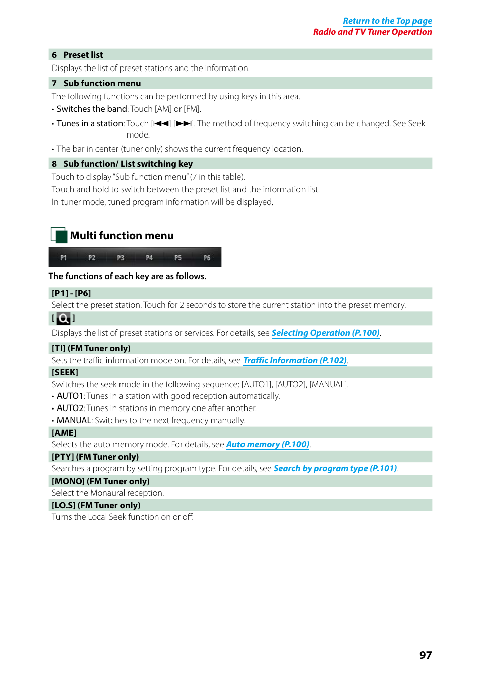 Multi function menu (p.97) | Kenwood DNN9250DAB User Manual | Page 98 / 172