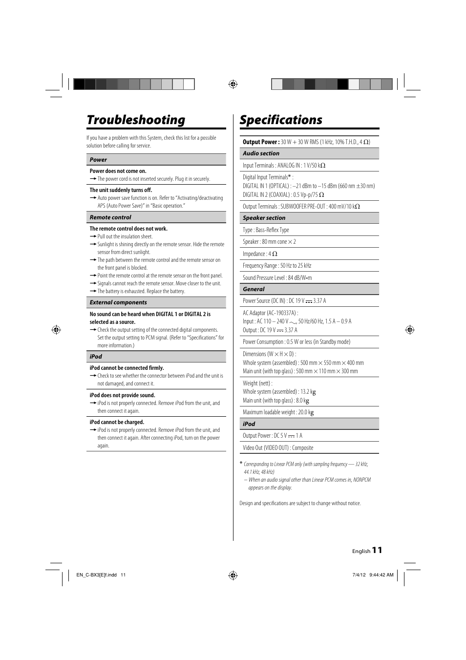 Troubleshooting, Specifications | Kenwood C-BX3 User Manual | Page 11 / 12