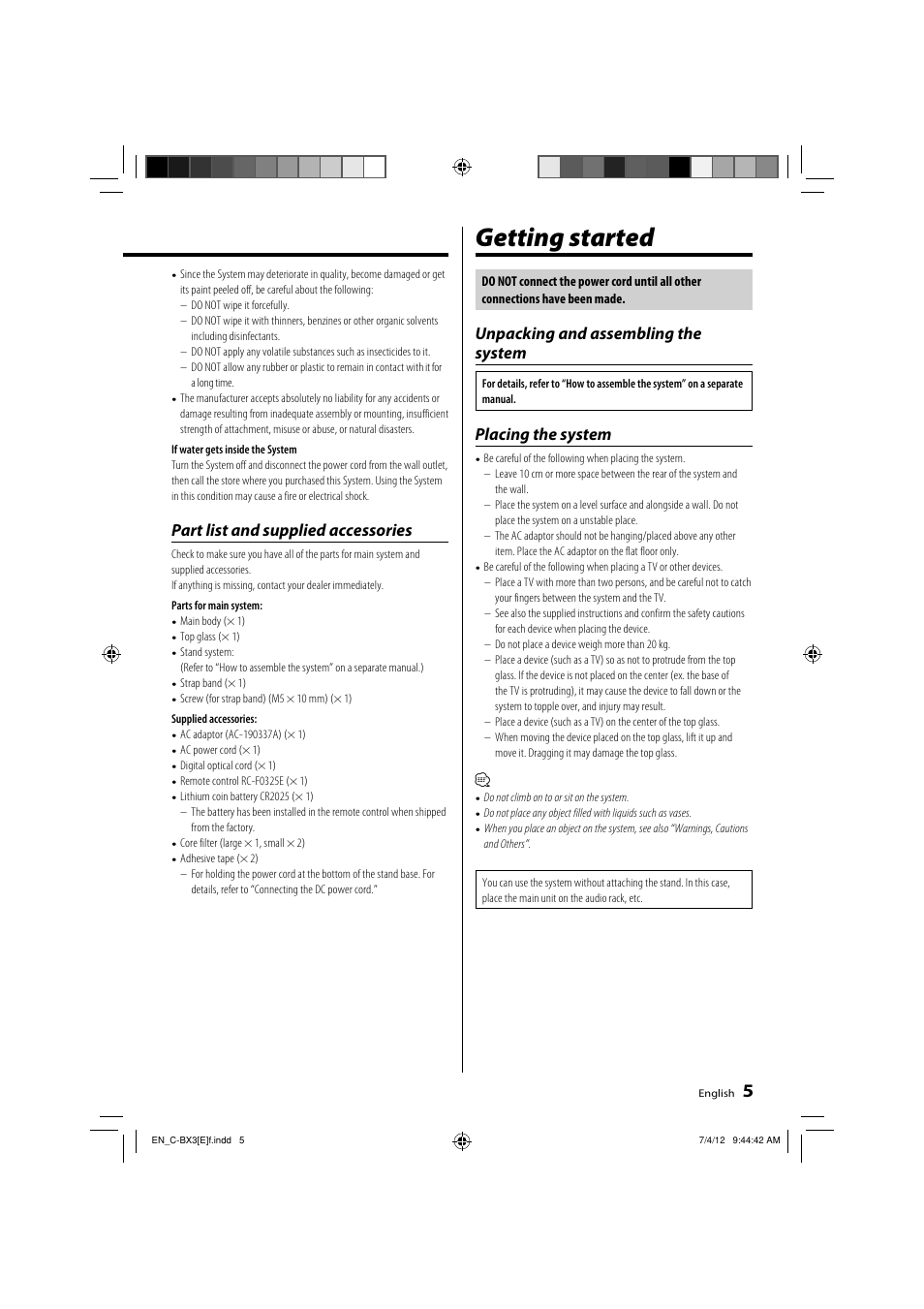 Getting started, Part list and supplied accessories, Unpacking and assembling the system | Placing the system | Kenwood C-BX3 User Manual | Page 5 / 12