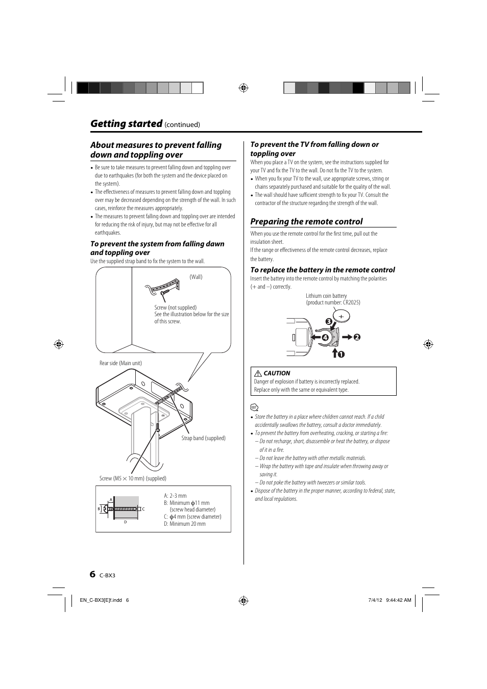 Getting started, Preparing the remote control | Kenwood C-BX3 User Manual | Page 6 / 12