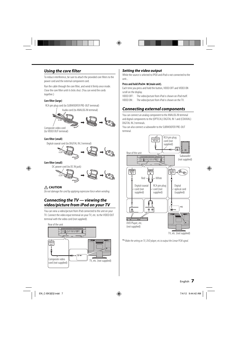 Using the core filter, Connecting external components | Kenwood C-BX3 User Manual | Page 7 / 12