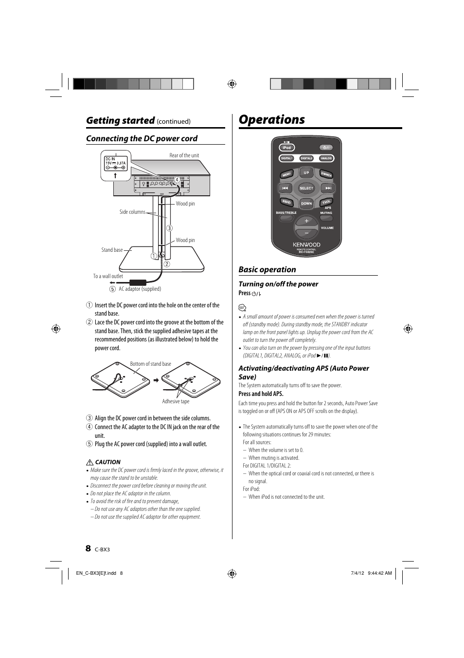 Operations, Getting started, Connecting the dc power cord | Basic operation | Kenwood C-BX3 User Manual | Page 8 / 12