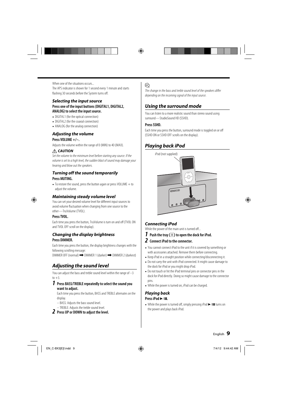 Adjusting the sound level, Using the surround mode, Playing back ipod | Kenwood C-BX3 User Manual | Page 9 / 12