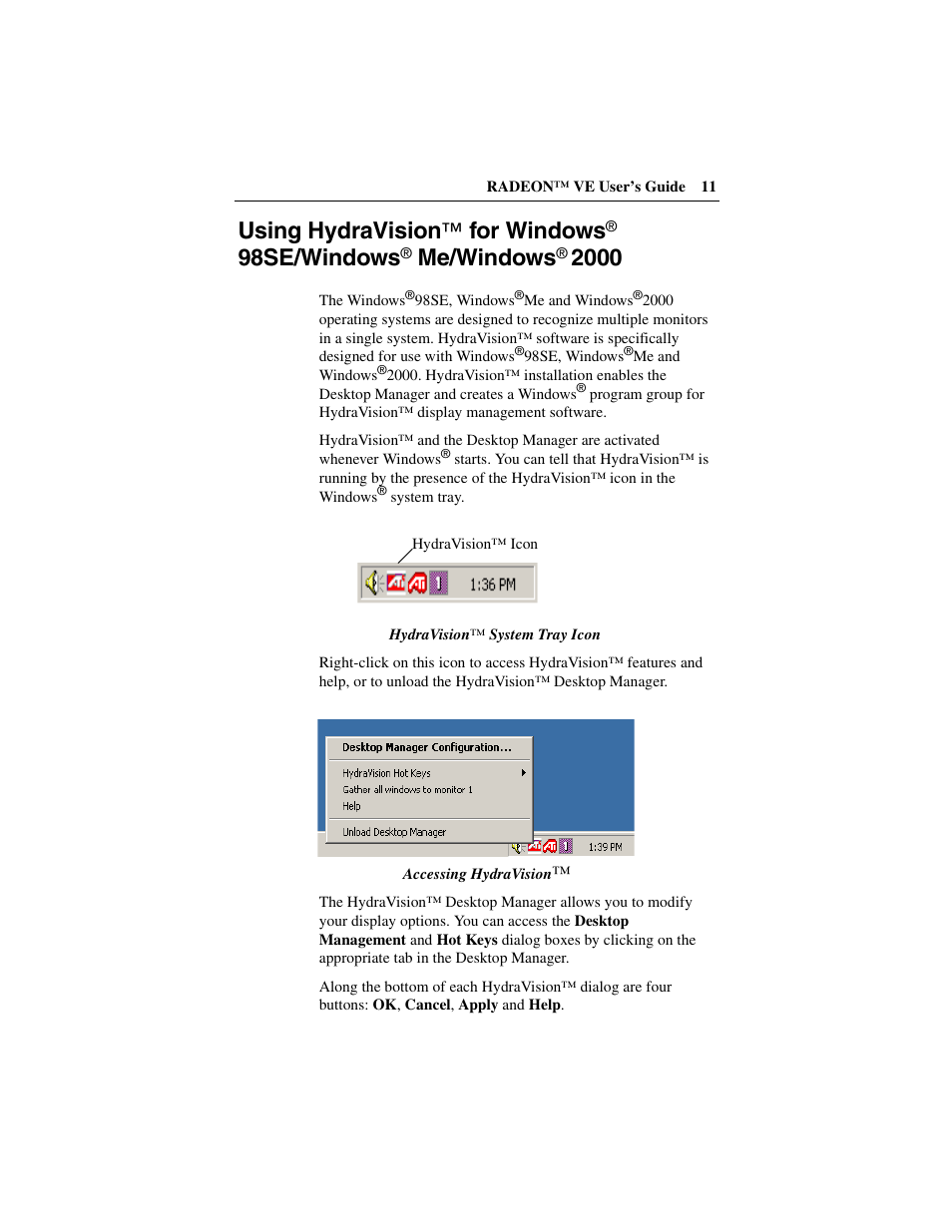 Using hydravision, For windows, 98se/windows | Me/windows | ATI Technologies RADEON 137-40225-20 User Manual | Page 11 / 28