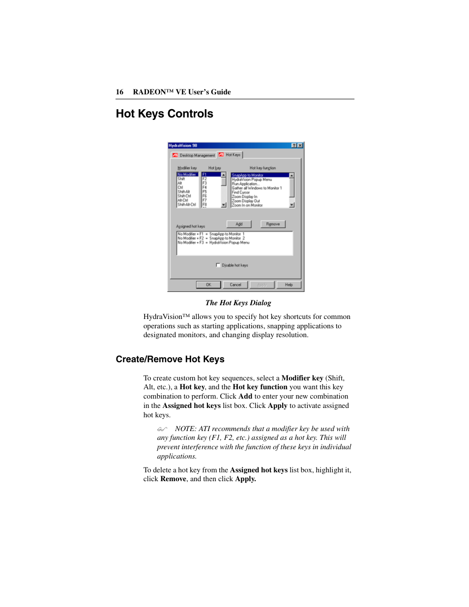 Hot keys controls, Create/remove hot keys | ATI Technologies RADEON 137-40225-20 User Manual | Page 16 / 28
