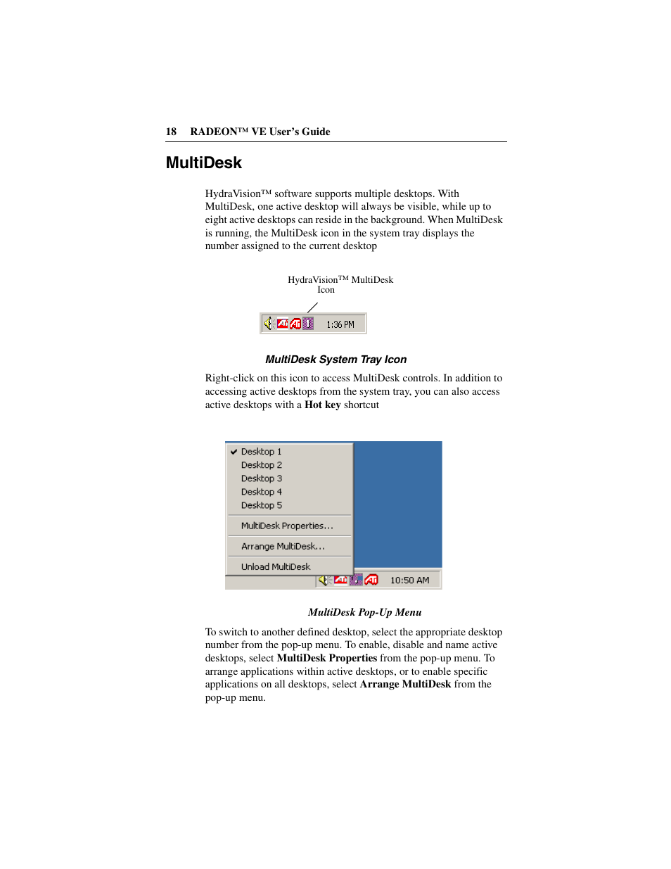 Multidesk, Multidesk system tray icon | ATI Technologies RADEON 137-40225-20 User Manual | Page 18 / 28