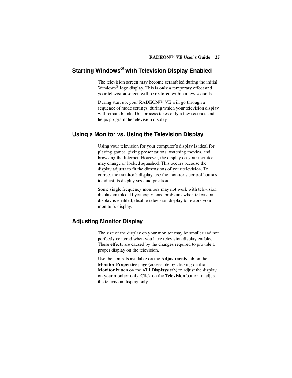 Starting windows® with television display enabled, Using a monitor vs. using the television display, Adjusting monitor display | ATI Technologies RADEON 137-40225-20 User Manual | Page 25 / 28