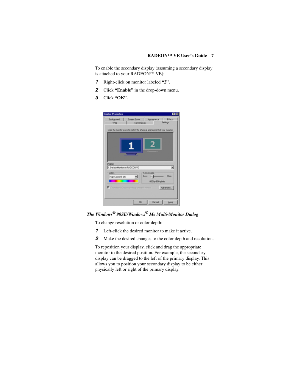 1 right-click on monitor labeled “2, 2 click “enable” in the drop-down menu, 3 click “ok | 1 left-click the desired monitor to make it active | ATI Technologies RADEON 137-40225-20 User Manual | Page 7 / 28